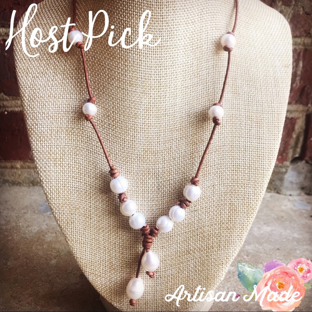 NEW Leather Pearl Statement Cluster Boho Necklace